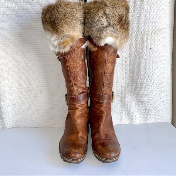 HVOFFERS🔜 8 Leather Rabbit Fur Wedge Heel Boots - Picture 8 of 8